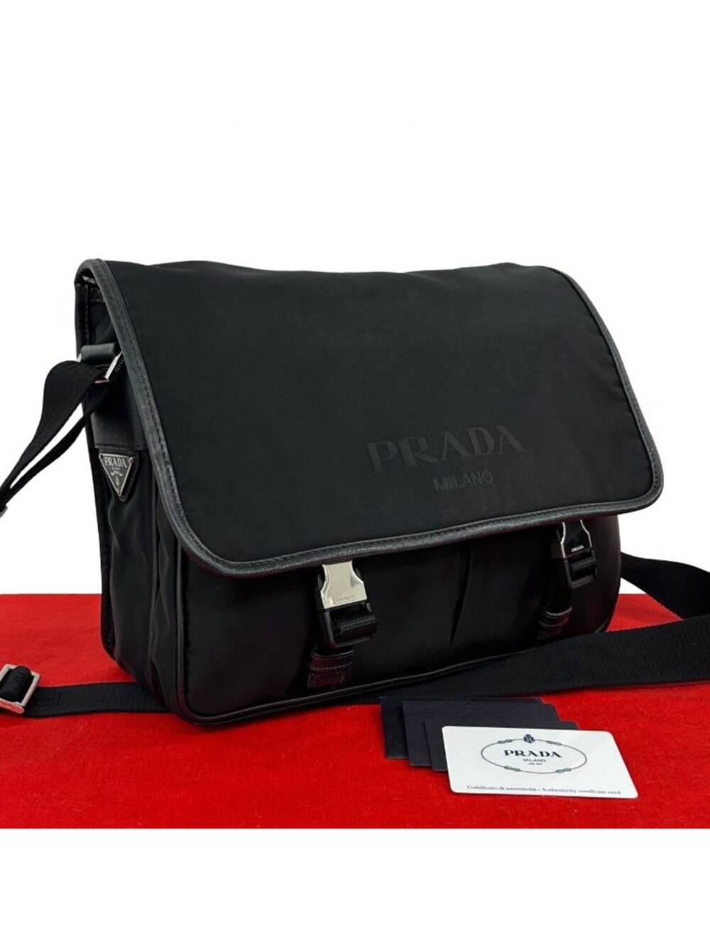 Prada Triangle Logo Tessuto Nylon Saffiano Leather Shoulder Bag Crossbody Black